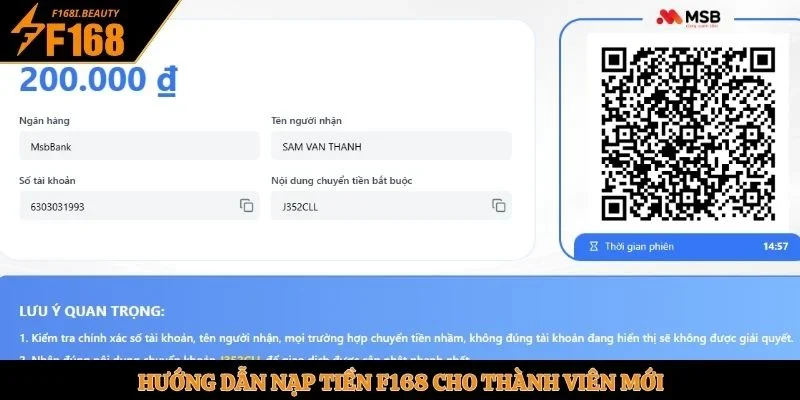 Hướng dẫn nạp tiền F168 cho thành viên mới